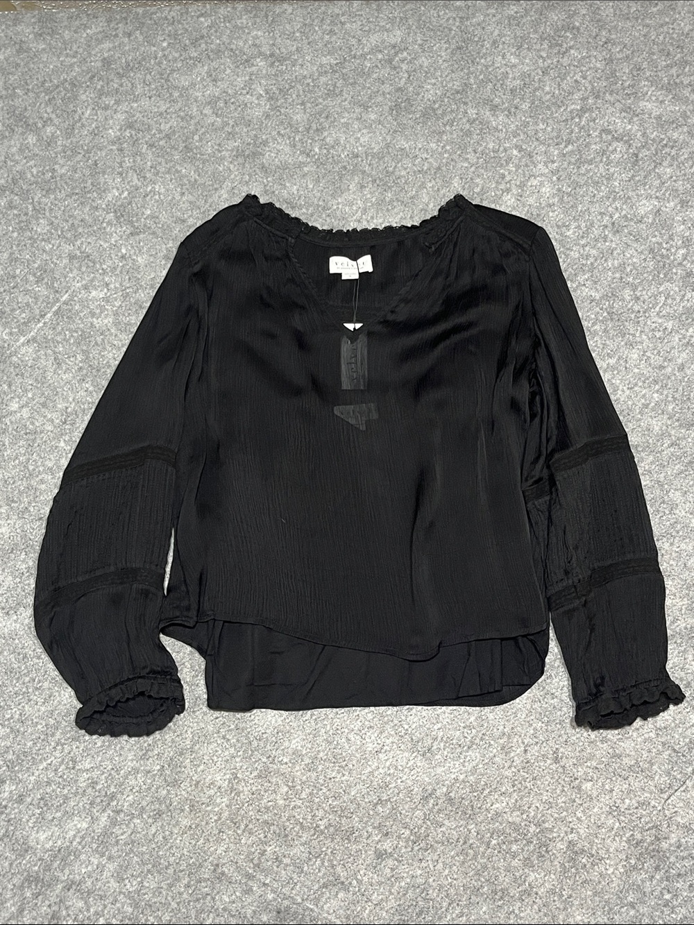 Velvet by Graham & Spencer Black Ruffle Trim Long Sleeve Blouse